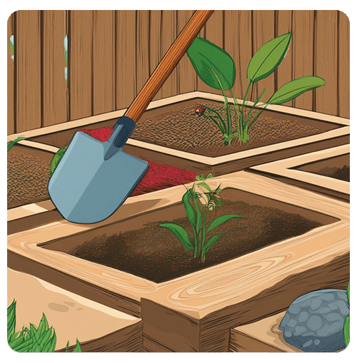 Raised garden beds with young plants and a blue shovel