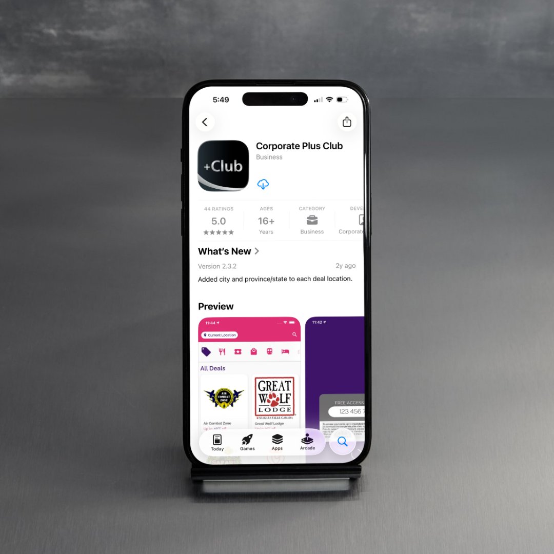 Smartphone displaying the Corporate Plus Club app listing and deal previews.