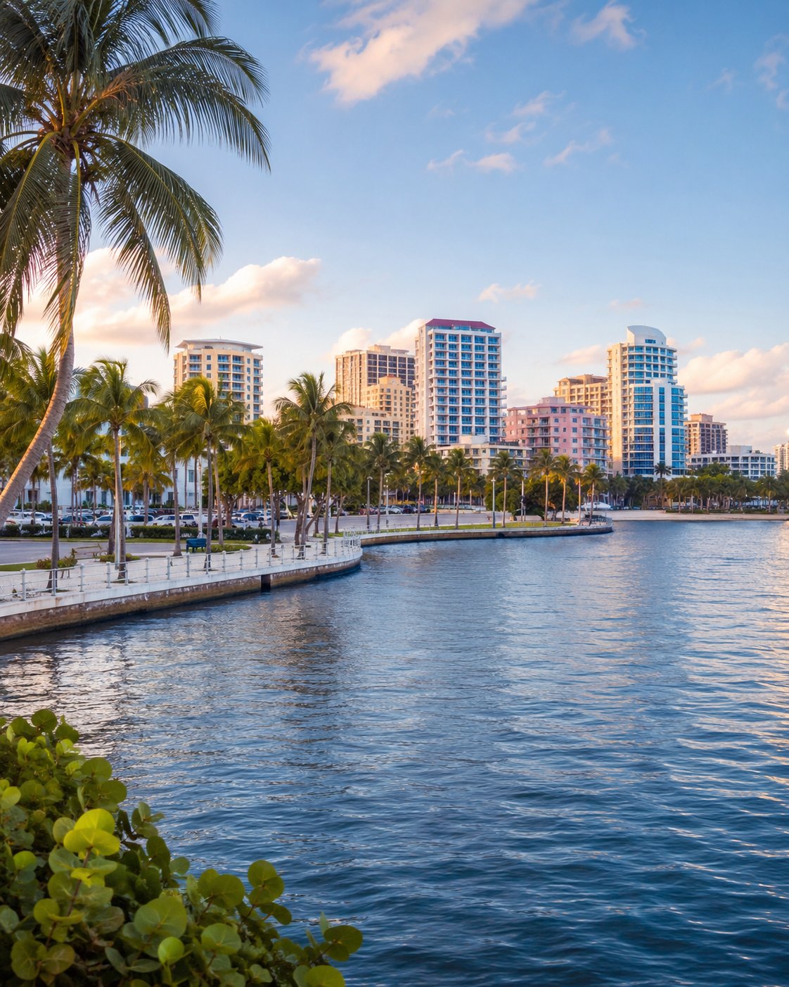 "Palm trees and the West Palm Beach waterfront showcasing the vibrant Palm Beach County lifestyle, highlighting new restaurants, attractions, shopping, and local developments in South Florida."