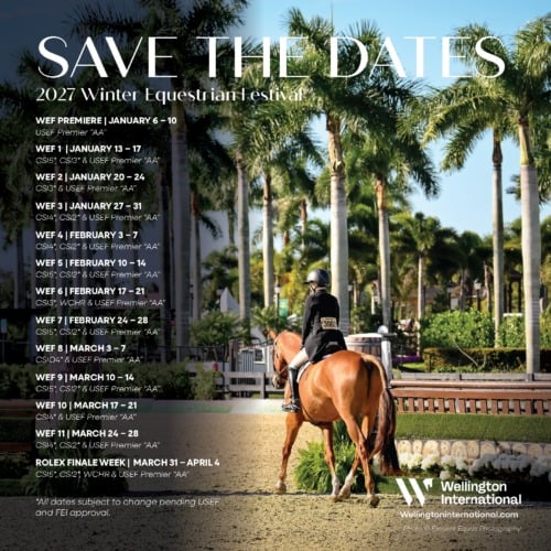 2027 Winter Equestrian Festival dates over a rider on horseback beneath palm trees at an outdoor equestrian venue.