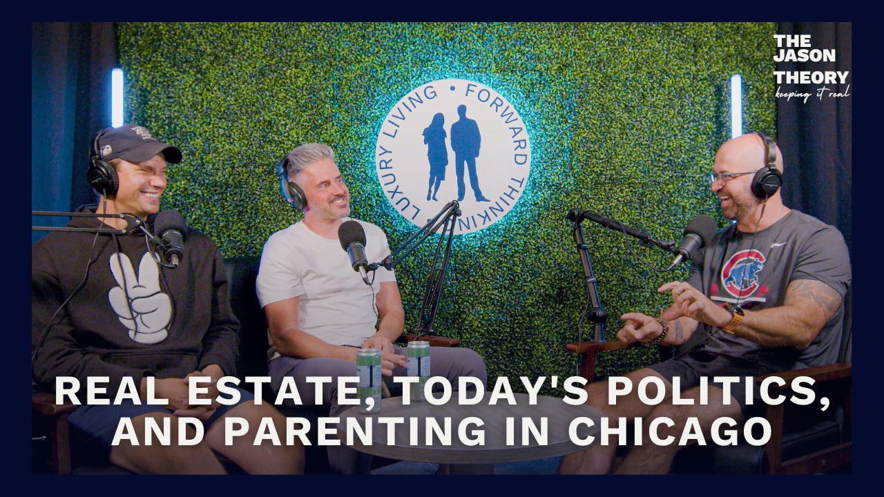 Podcast episode on real estate, politics, and parenting in Chicago, featuring three men speaking at microphones.