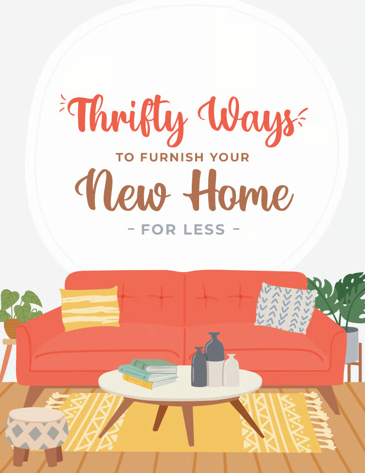 Thrifty ways to furnish your new home for less, illustrated with a coral sofa and a coffee table.