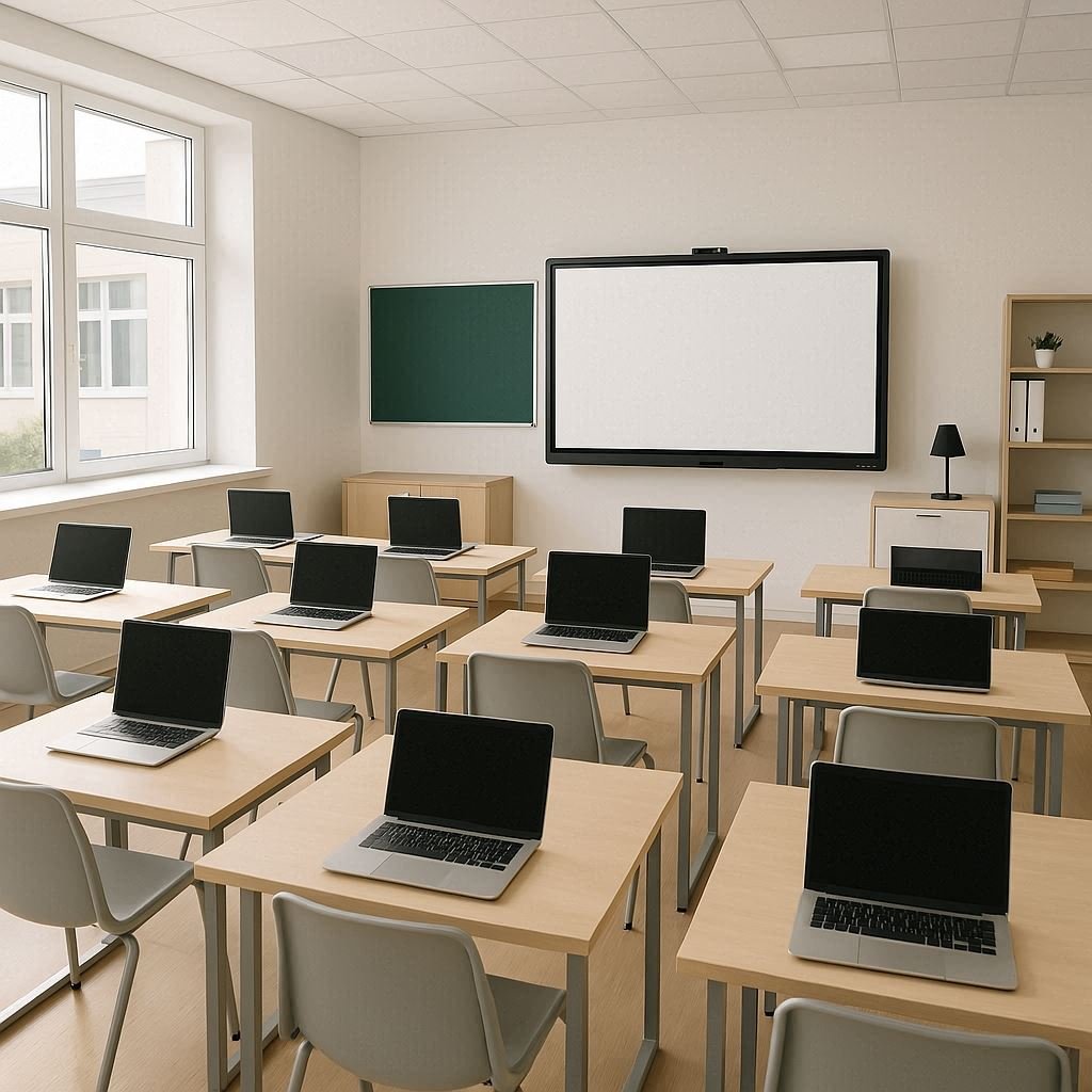 Modern empty classroom with technology setup in San Francisco private school