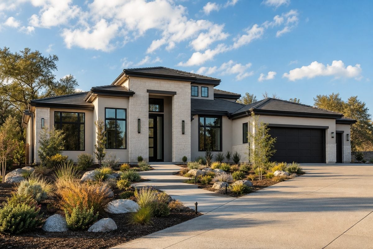New construction luxury home in Verdera, Lincoln CA with contemporary architecture and drought-tolerant landscaping