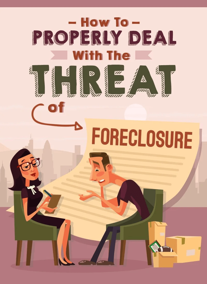 Illustration of a foreclosure consultation, with two people discussing a large foreclosure notice.