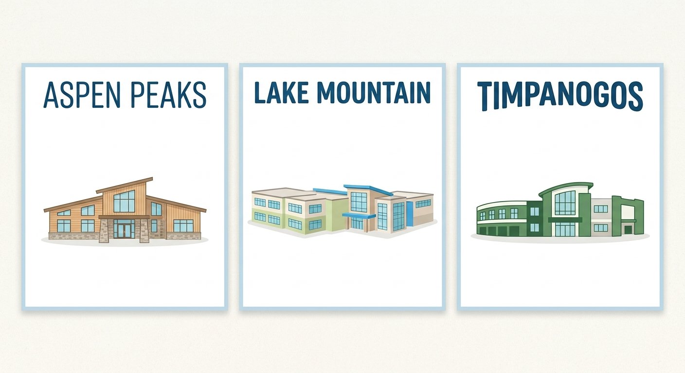 Architectural illustrations labeled Aspen Peaks, Lake Mountain, and Timpanogos.