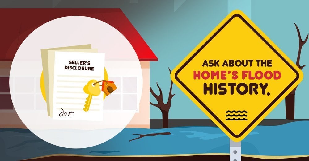 Flooded house with seller’s disclosure papers and a sign advising buyers to ask about flood history.