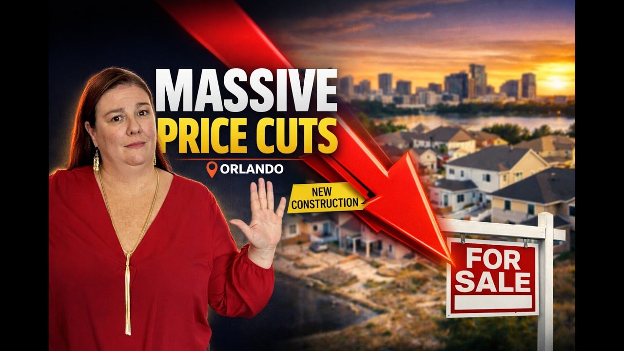 Video thumbnail with a woman, Orlando homes, a price-cuts headline, a downward arrow, and a for-sale sign.