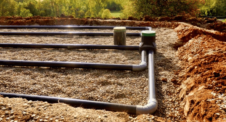 Septic leach field with gravel, black pipes, and capped access risers.