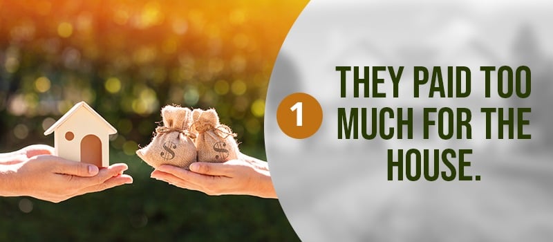 Buyer’s remorse graphic: a model home and money bags illustrate paying too much for a house.