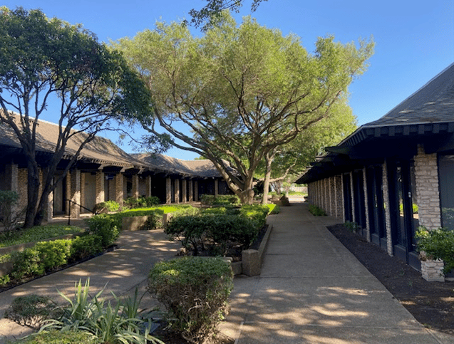 Commercial property walkway between brick buildings, shaded by a large leafy tree.