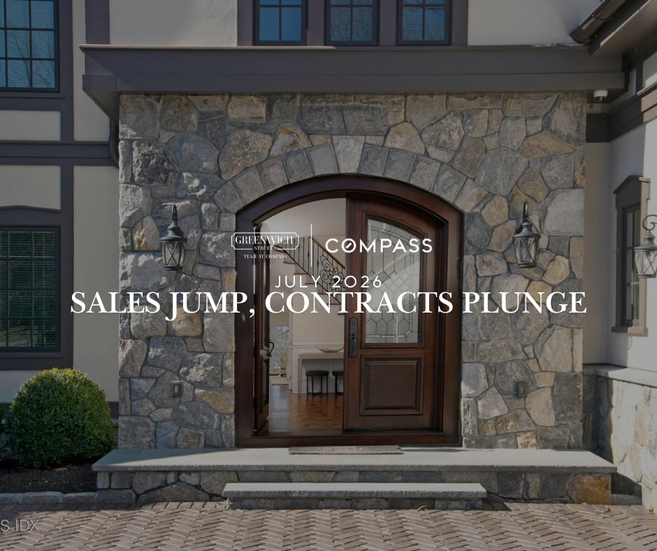 Stone arched entrance of a luxury Greenwich CT home, Greenwich Streets July 2026 real estate market report on record sales and historic low inventory.