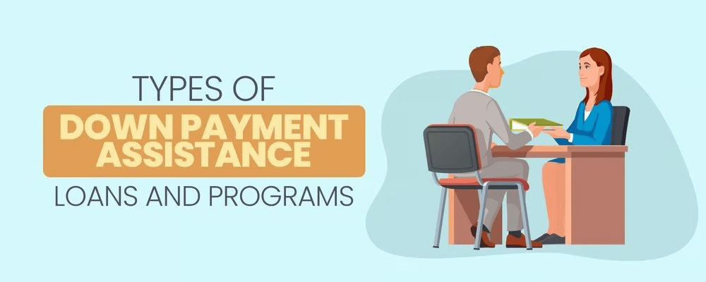 Down payment assistance programs, illustrated by a man and woman meeting across a desk.