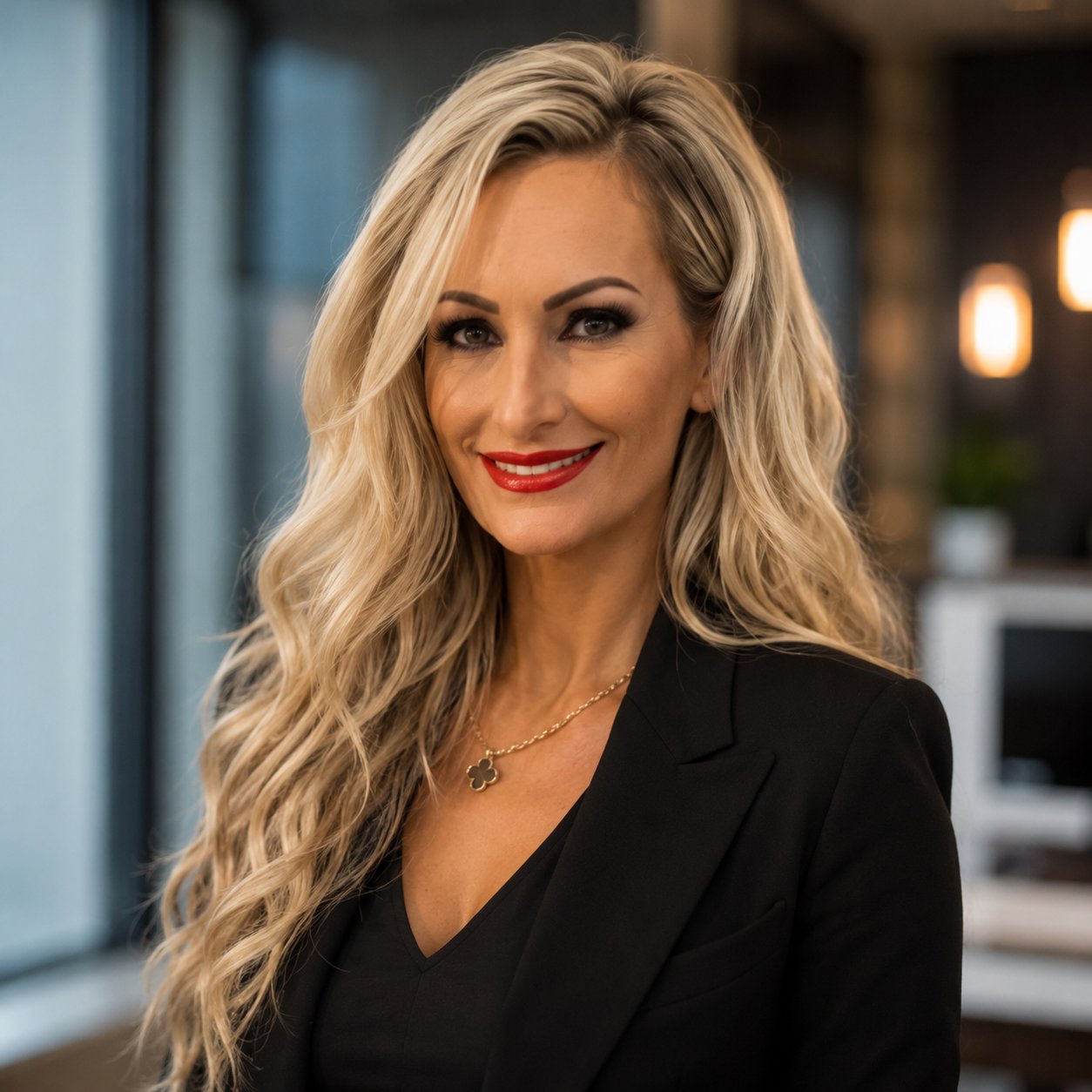 Blonde real estate agent in a black blazer and gold clover pendant.