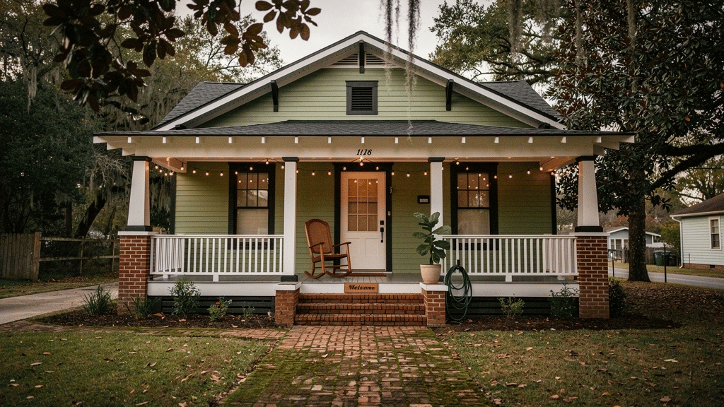 A restored 1920s East Nashville craftsman bungalow home with a sage green facade, white wraparound porch, and mature southern magnolia trees — a signature Nashville off-market real estate style featured by Elevate Real Estate.