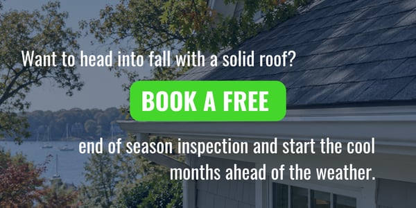 Free end-of-season roof inspection promotion beside a waterfront home.