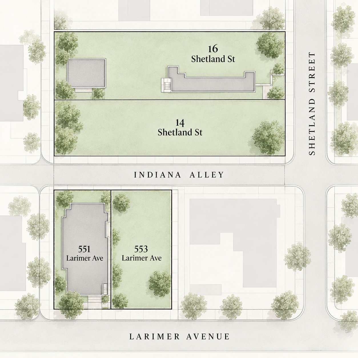 Site plan locating 551 Larimer Avenue beside 553 Larimer Avenue, across Larimer Avenue from Indiana Alley.