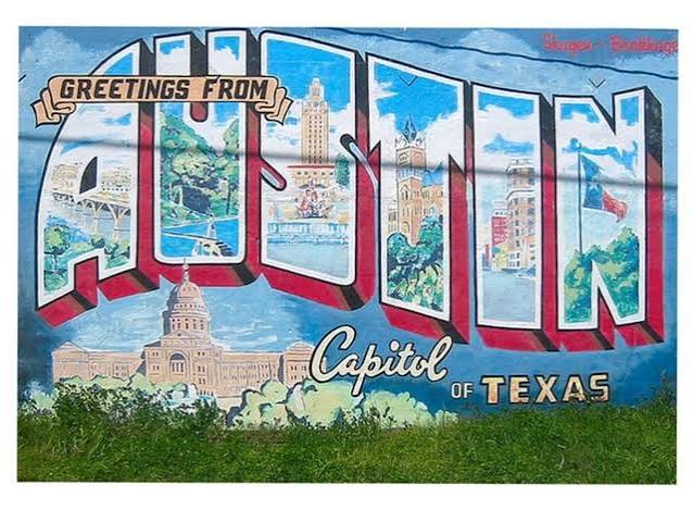 Austin greeting mural with landmark scenes inside large letters and the State Capitol below.
