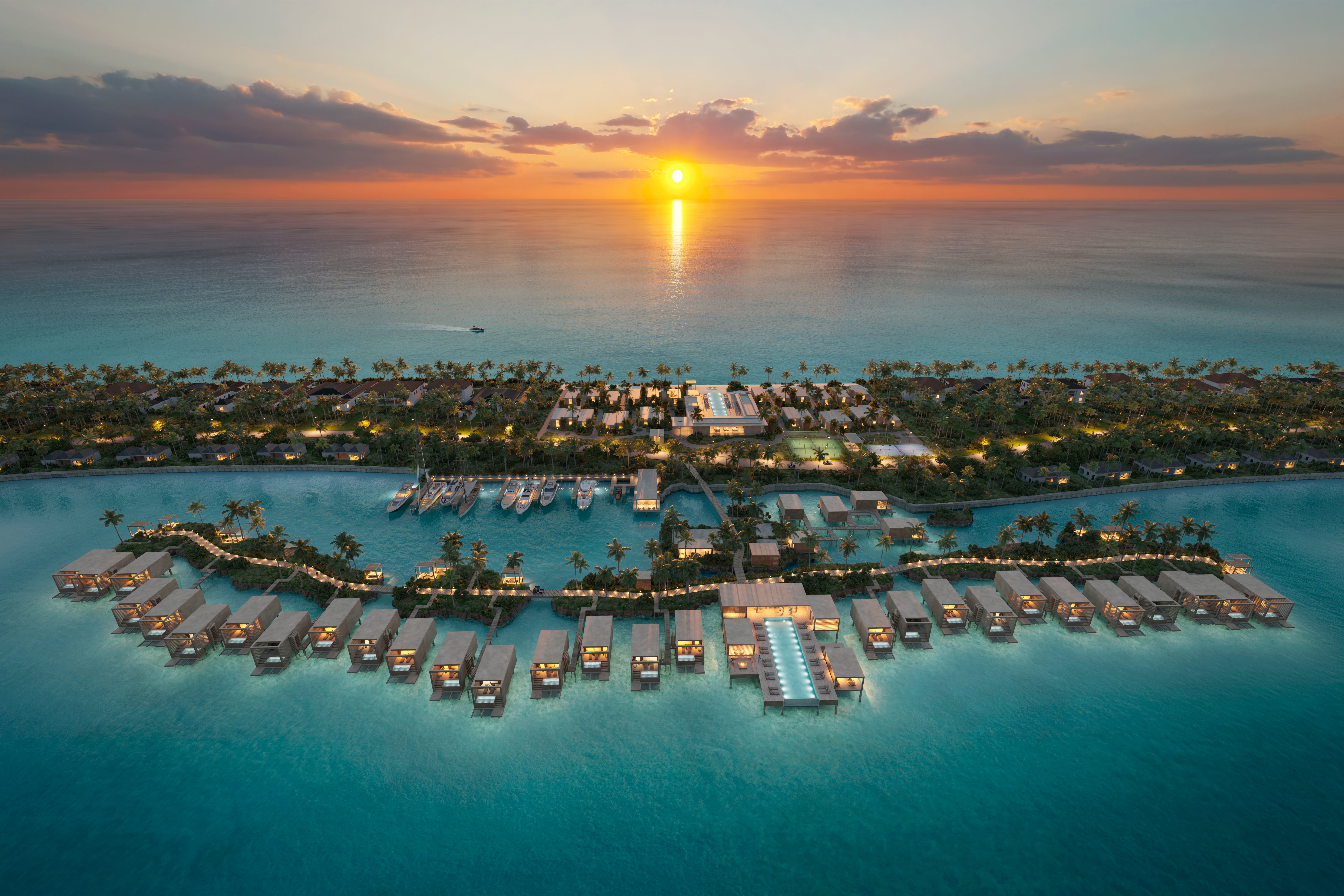 Aerial rendering of Banyan Tree Bimini at sunset, with waterfront residences, private docks and overwater bungalows