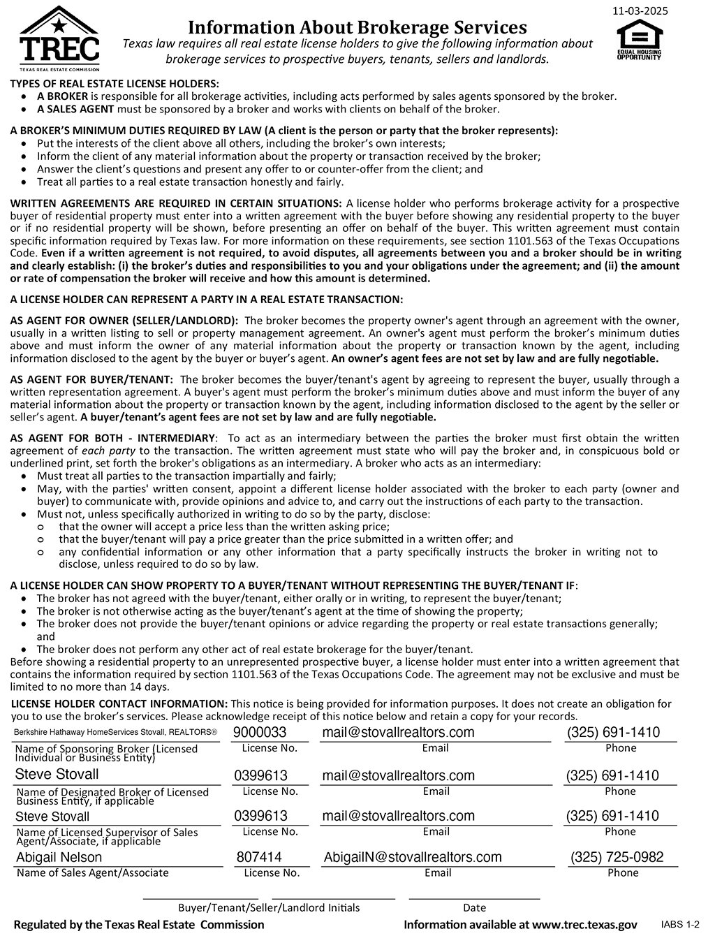 Texas Real Estate Commission Information About Brokerage Services disclosure form for Abigail Nelson.
