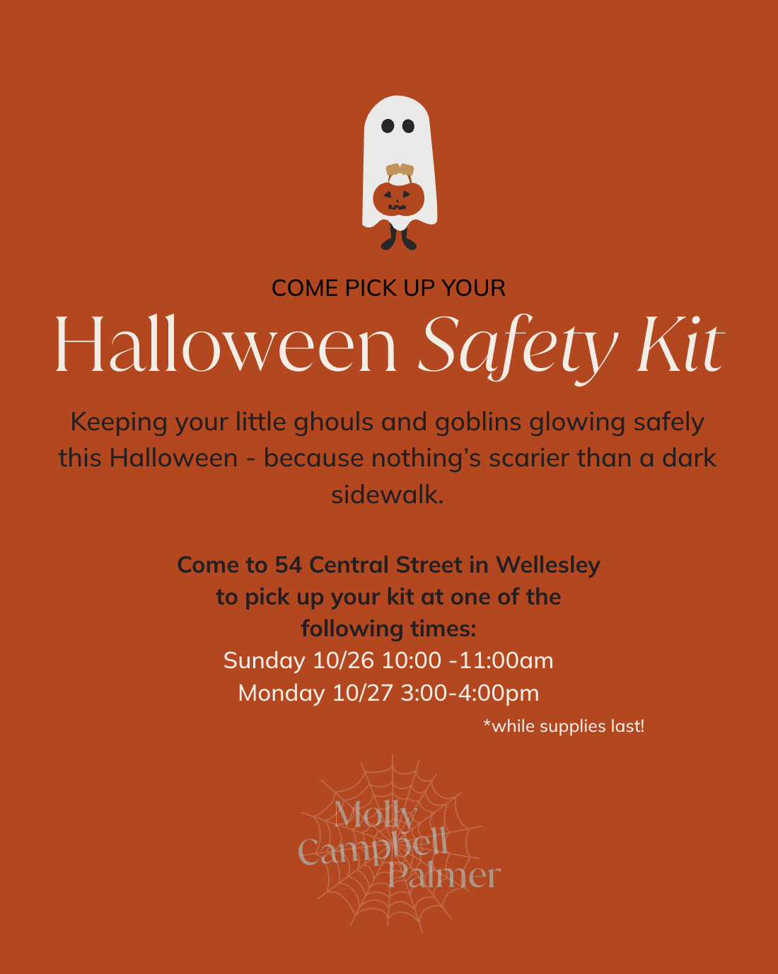 Halloween Safety Kit giveaway flyer with pickup times and location in Wellesley.