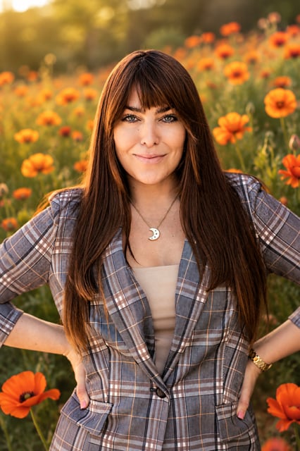 Diana Perkins standing in a poppy field, wearing a plaid blazer and crescent necklace.