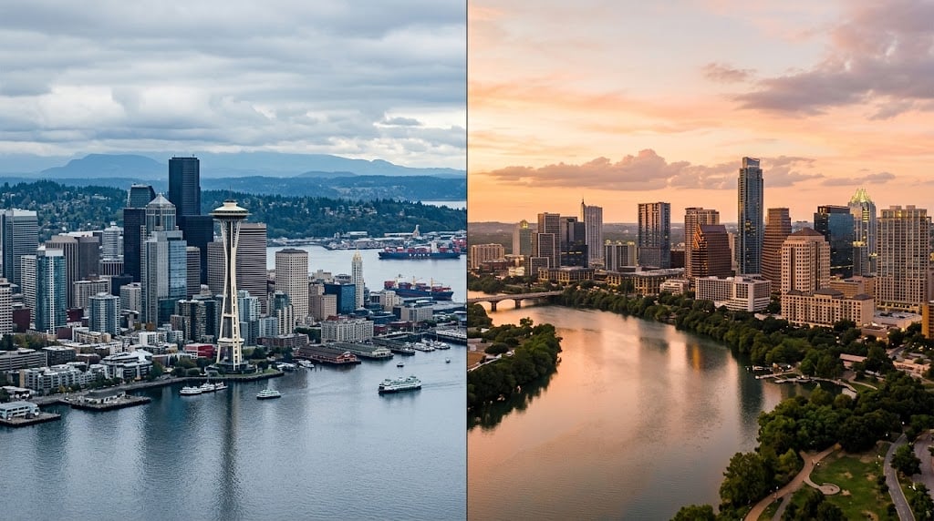Seattle waterfront and Space Needle beside a downtown skyline and river at sunset.