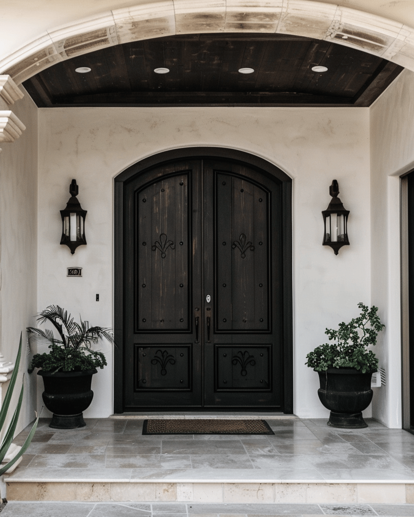 Home entrance with ornate dark double doors, stone arch, wall lanterns, and potted plants.