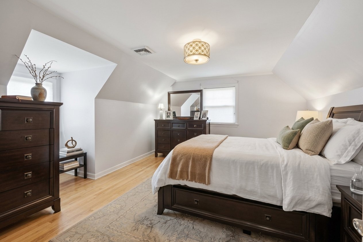 Bedroom with a dark wood bed, white bedding, and sloped ceiling.