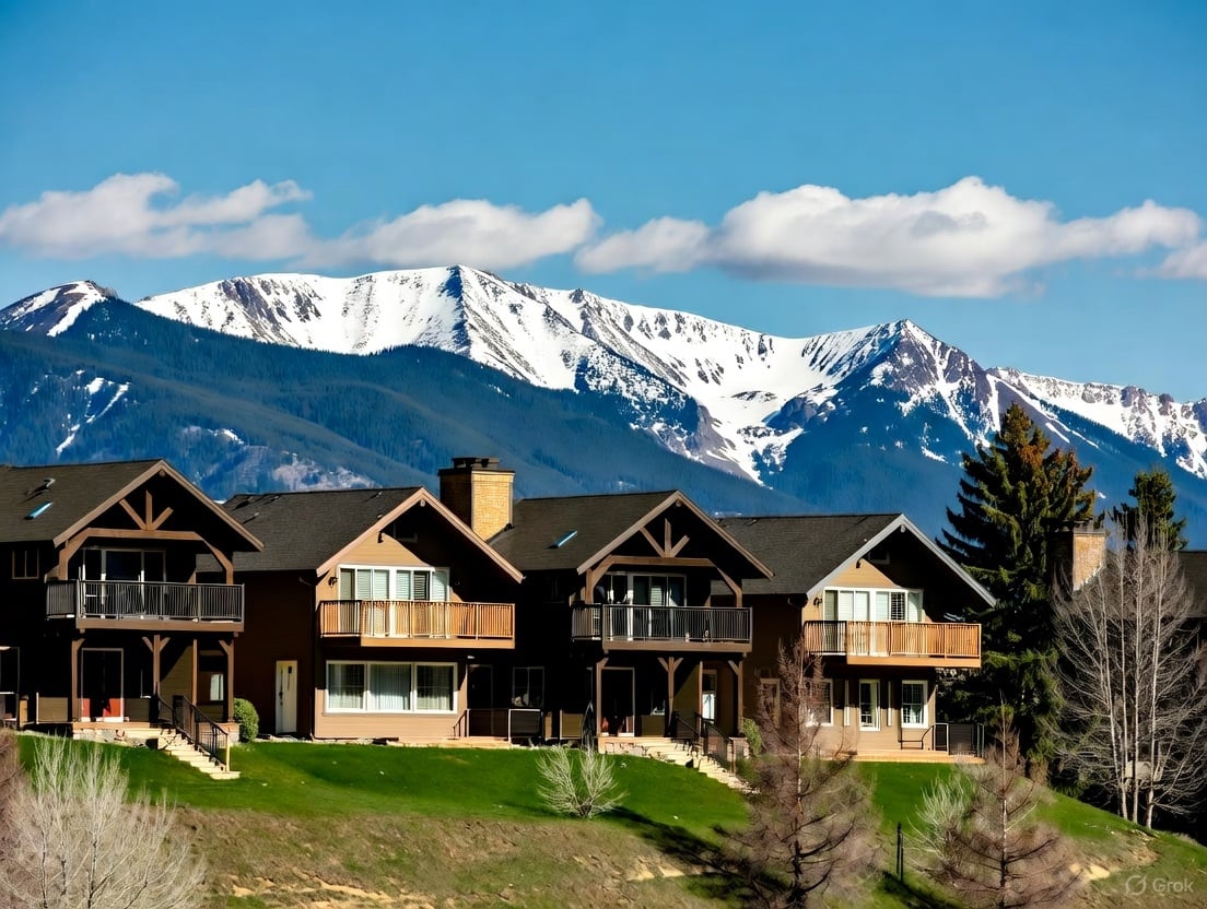 A scenic view of a real estate in Vail, modern homes with balconies set against a backdrop of snow-capped mountains.