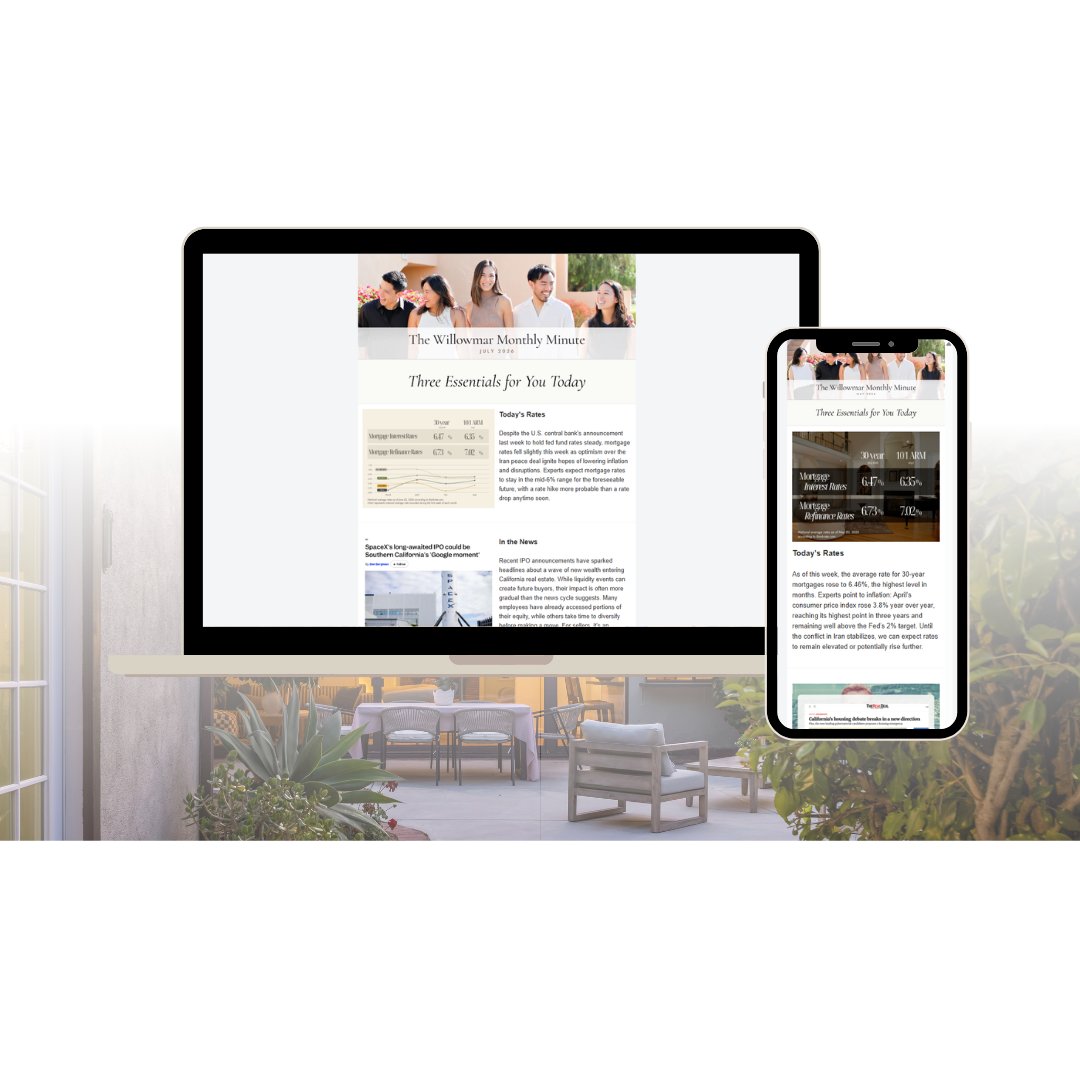 A monitor and smartphone display a Willowmar real estate newsletter over an outdoor patio.