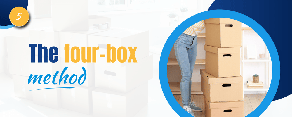 The four-box method: a person stands beside stacked cardboard boxes.