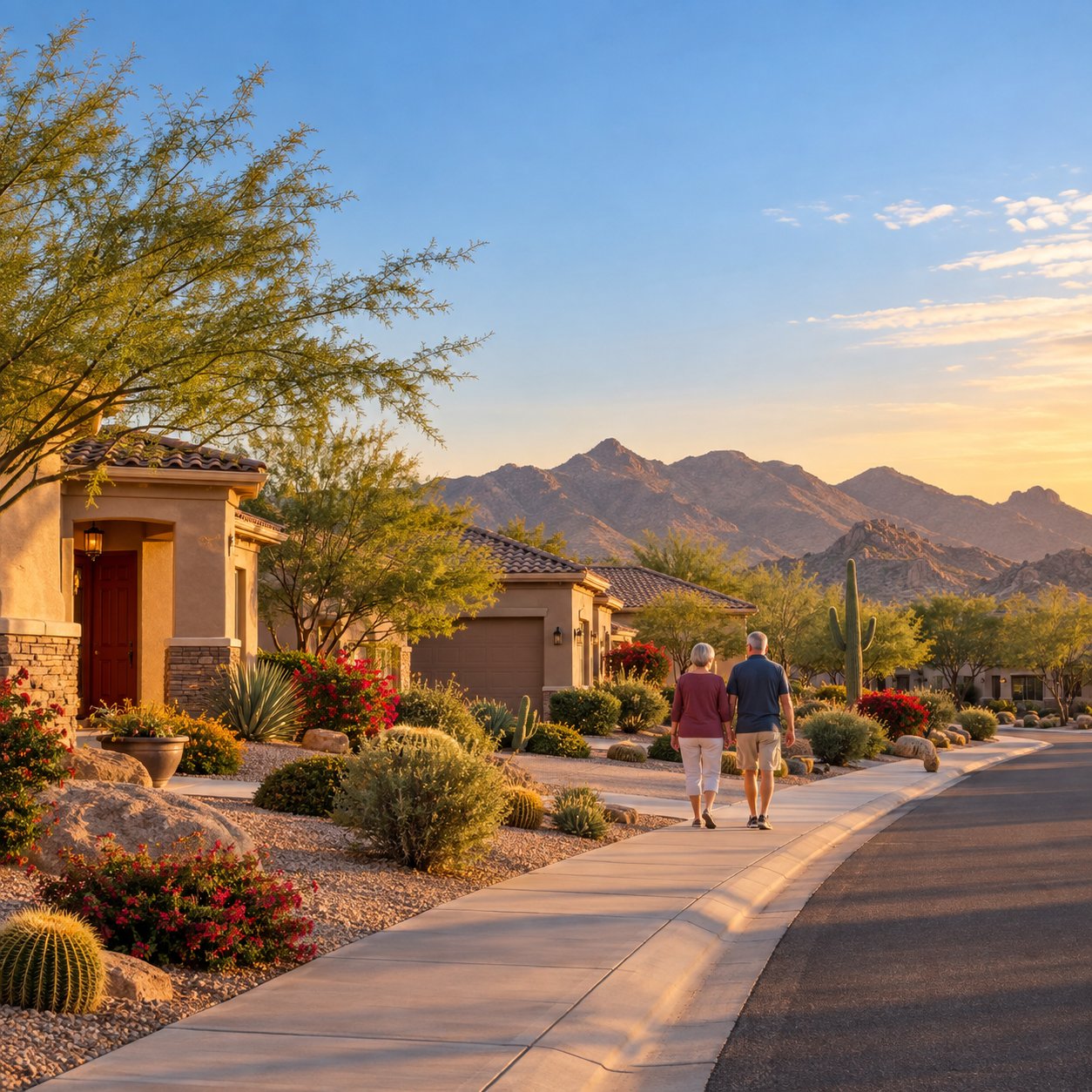 Desert homes along a landscaped sidewalk with mountains at sunset.
