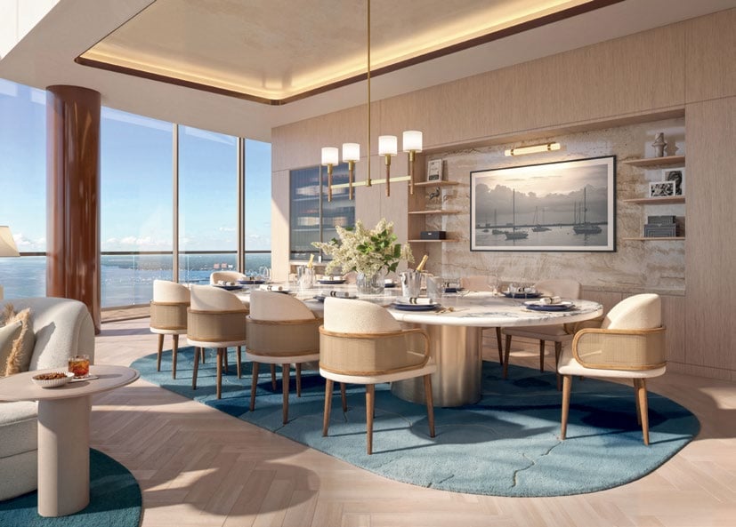 Rendering of a dining room with floor-to-ceiling windows and water views at Mr. C Residences Boca Raton