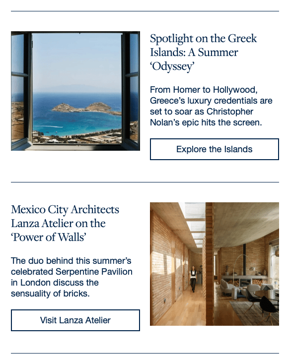 Beach Life with Kellyann newsletter featuring stories on the Greek Islands and Mexico City architecture.