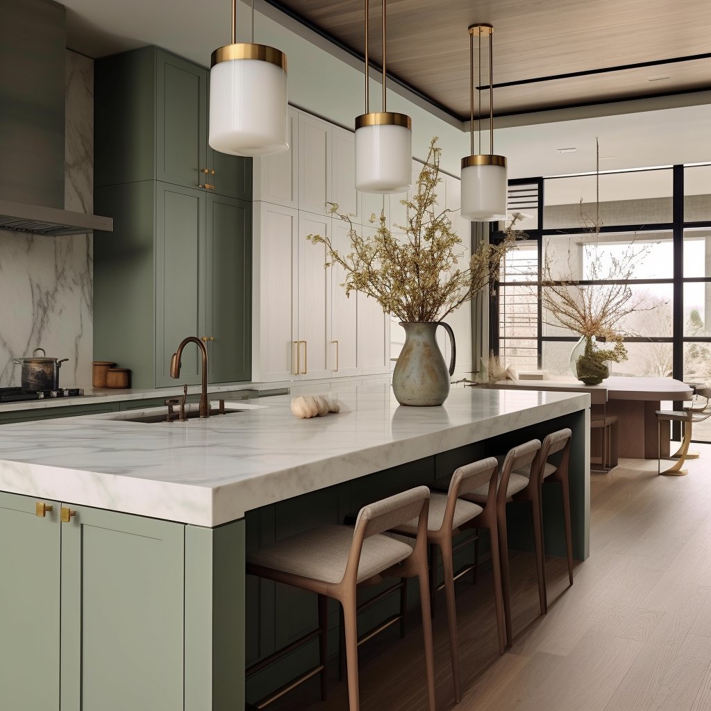 Modern kitchen with a marble island, green cabinets, brass pendants, and stools beside tall windows.