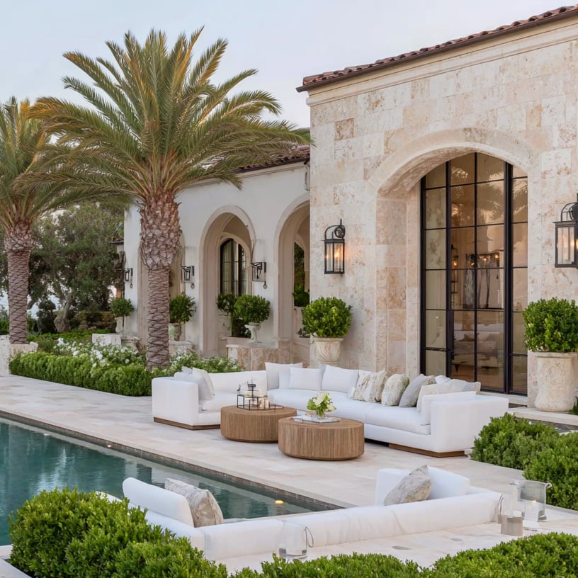 Mediterranean-style home with a stone facade, arched windows, palm trees, and a furnished pool terrace.