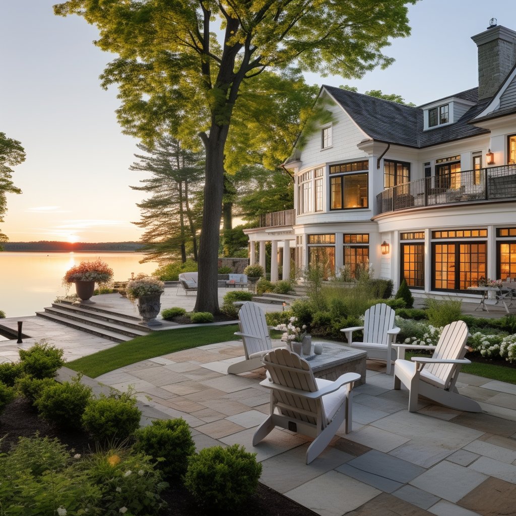 White lakeside house with broad stone patio, lounge chairs, and mature trees at sunset.