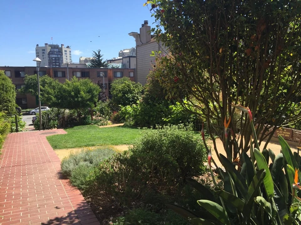 Brick path, lawn and gardens in Cottage Row Mini Park, San Francisco