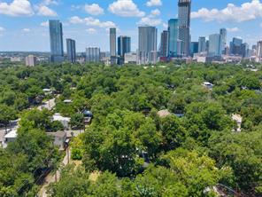 Aerial view of downtown Austin’s skyline beyond green treetops and low-rise neighborhoods.