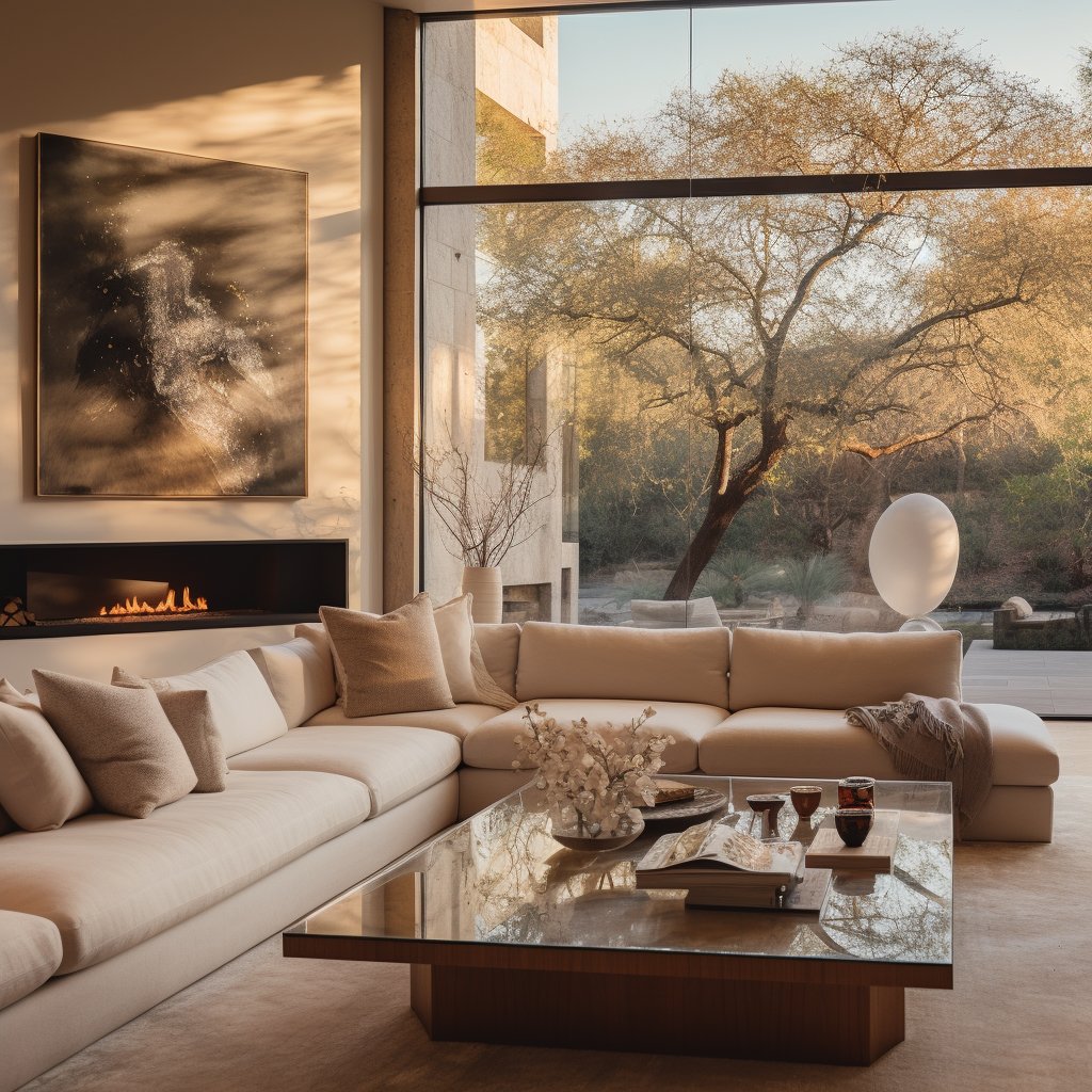 Modern living room with a cream sectional, linear fireplace, and large windows overlooking trees.