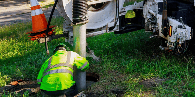 Worker servicing a septic system in a grassy yard beside a vacuum truck.