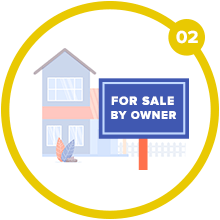 House and “For Sale by Owner” sign in a circular badge numbered 02.