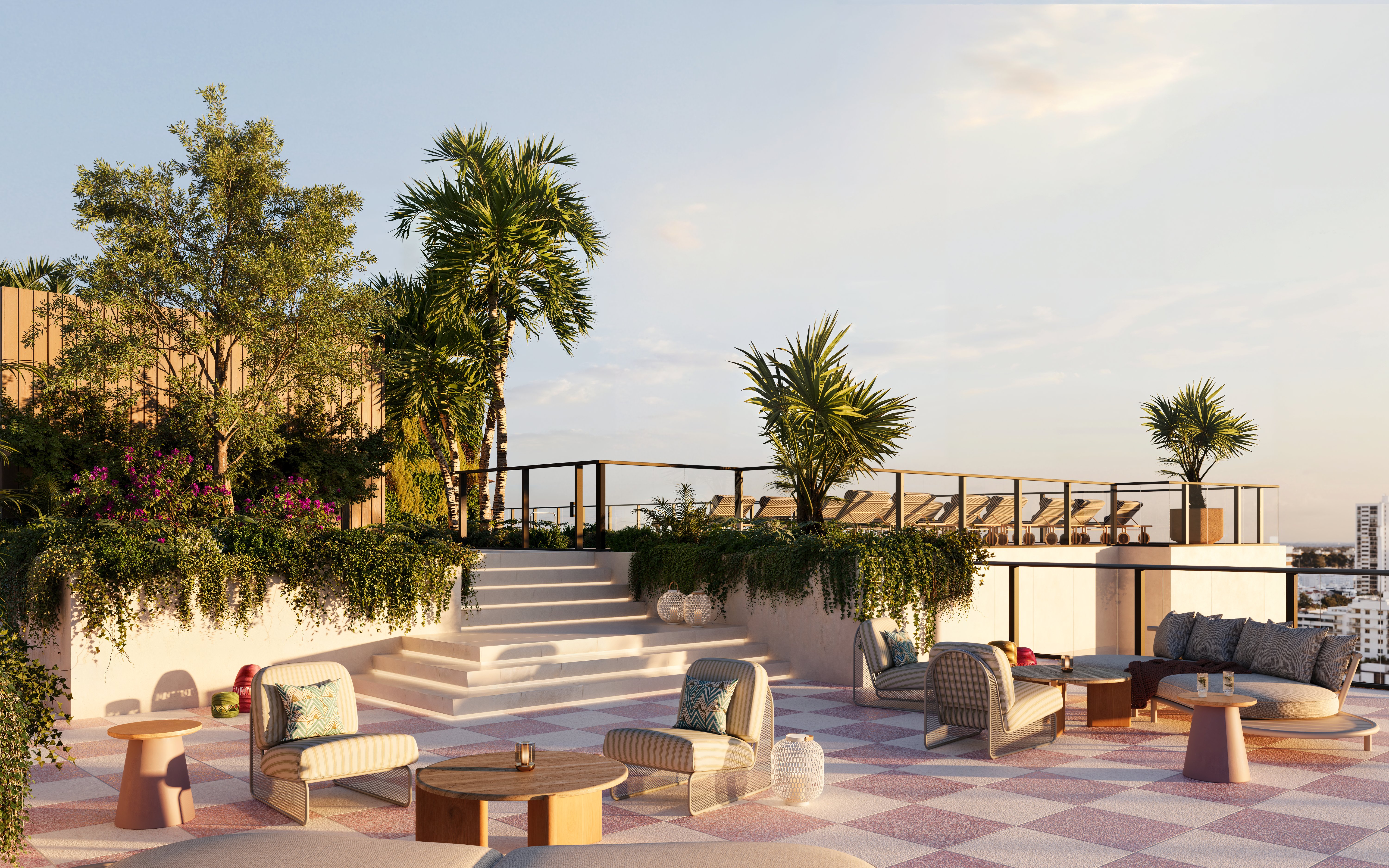 Rendering of the Nora House rooftop terrace with landscaped planters and lounge seating