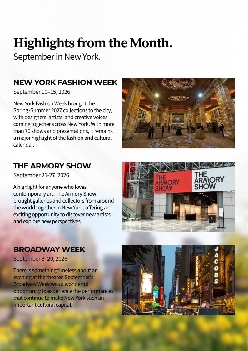 September in New York highlights: Fashion Week, The Armory Show, and Broadway Week.