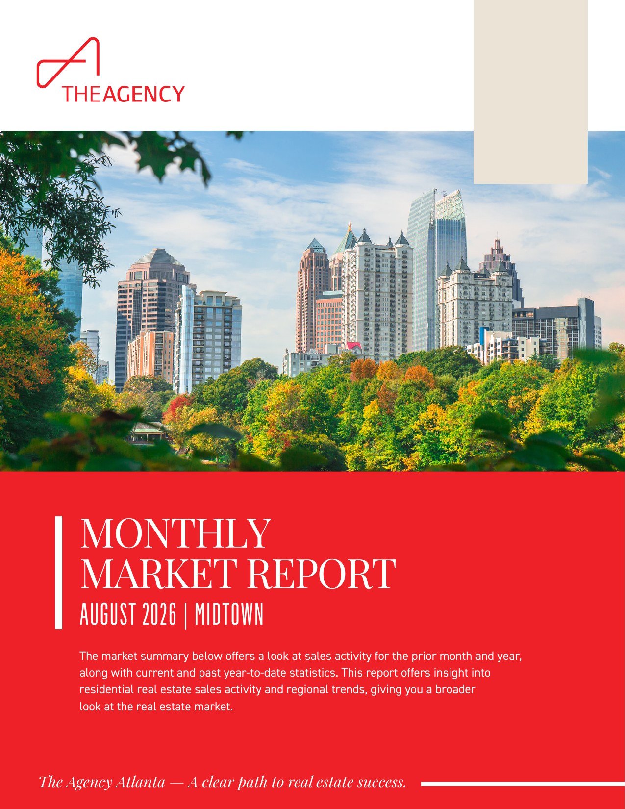 Monthly Market Report August 2026 cover for the Midtown real estate market with the Midtown skyline above trees