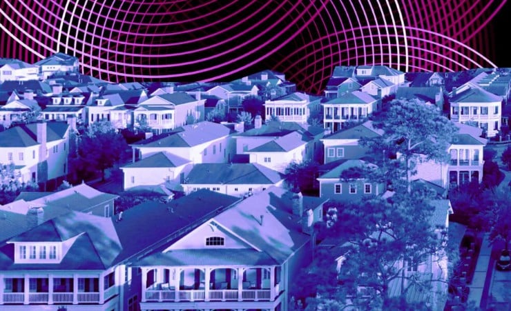 Aerial view of closely spaced houses beneath a magenta wireframe grid.