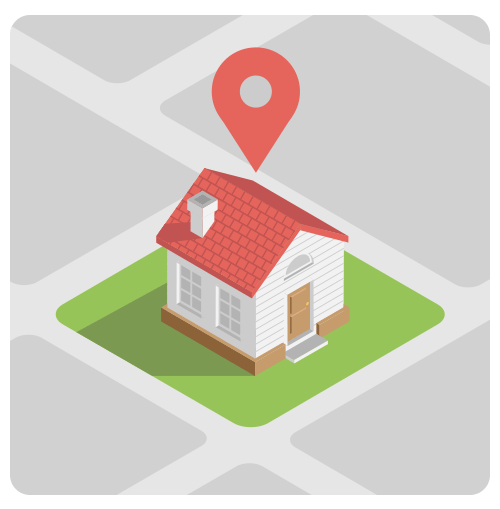 White house with a red tiled roof on a green lot, marked by a red location pin.