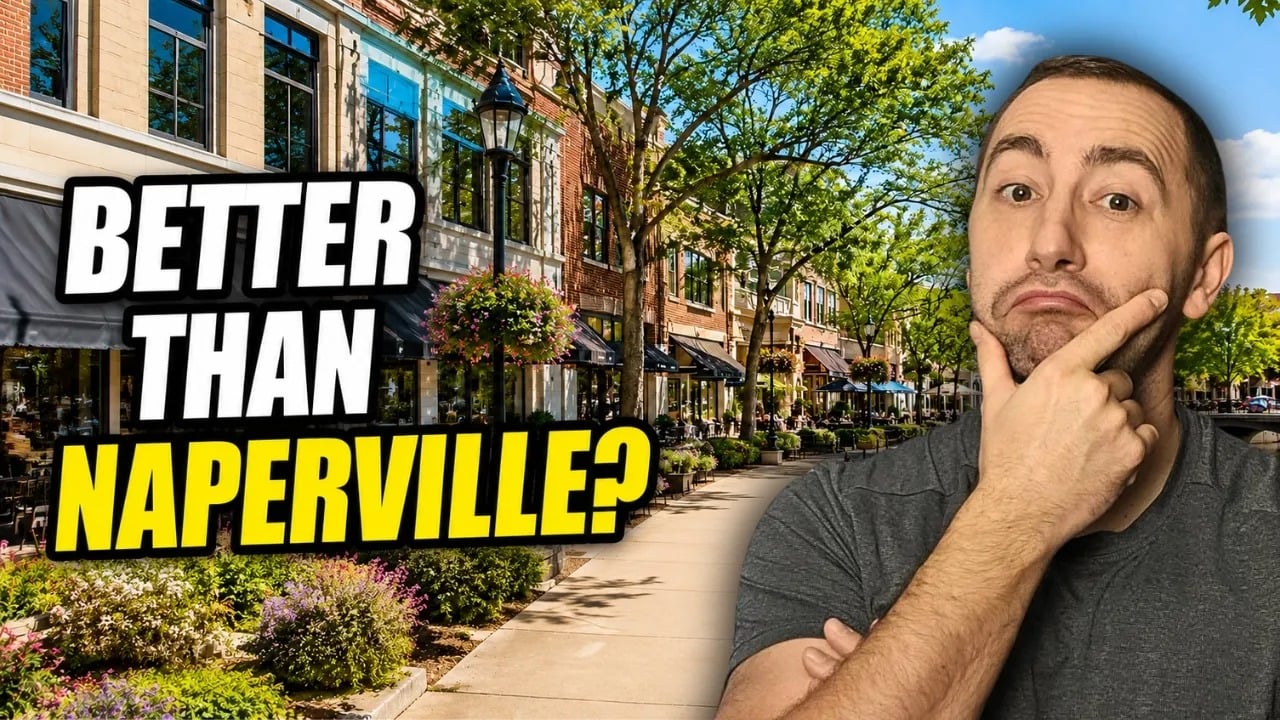 A man considers a tree-lined shopping street beside the words “Better Than Naperville?”