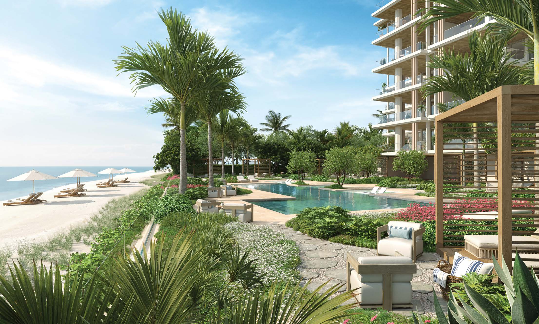 Rendering of the beachfront pool and gardens leading to the beach at Olana Naples Residences